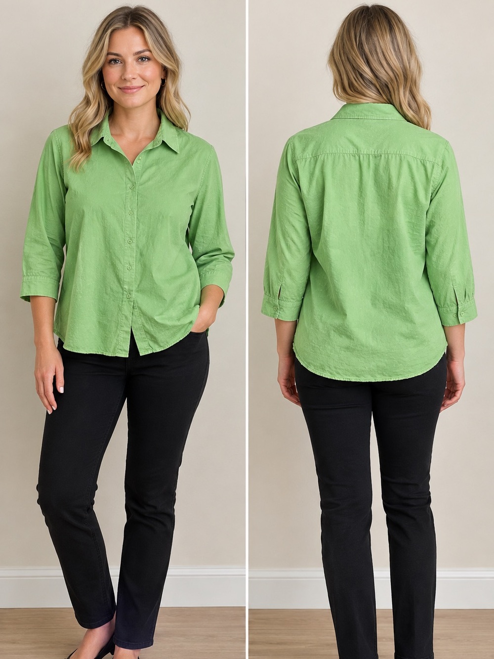 Chadwick’s Green 3/4 Sleeve Button Down Shirt Women’s Medium Cotton Stretch